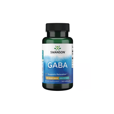 Swanson's GABA 500 mg comes in a stylish blue and white green bottle containing 100 high-potency capsules, designed to support relaxation and sleep by aiding neurotransmitter balance.